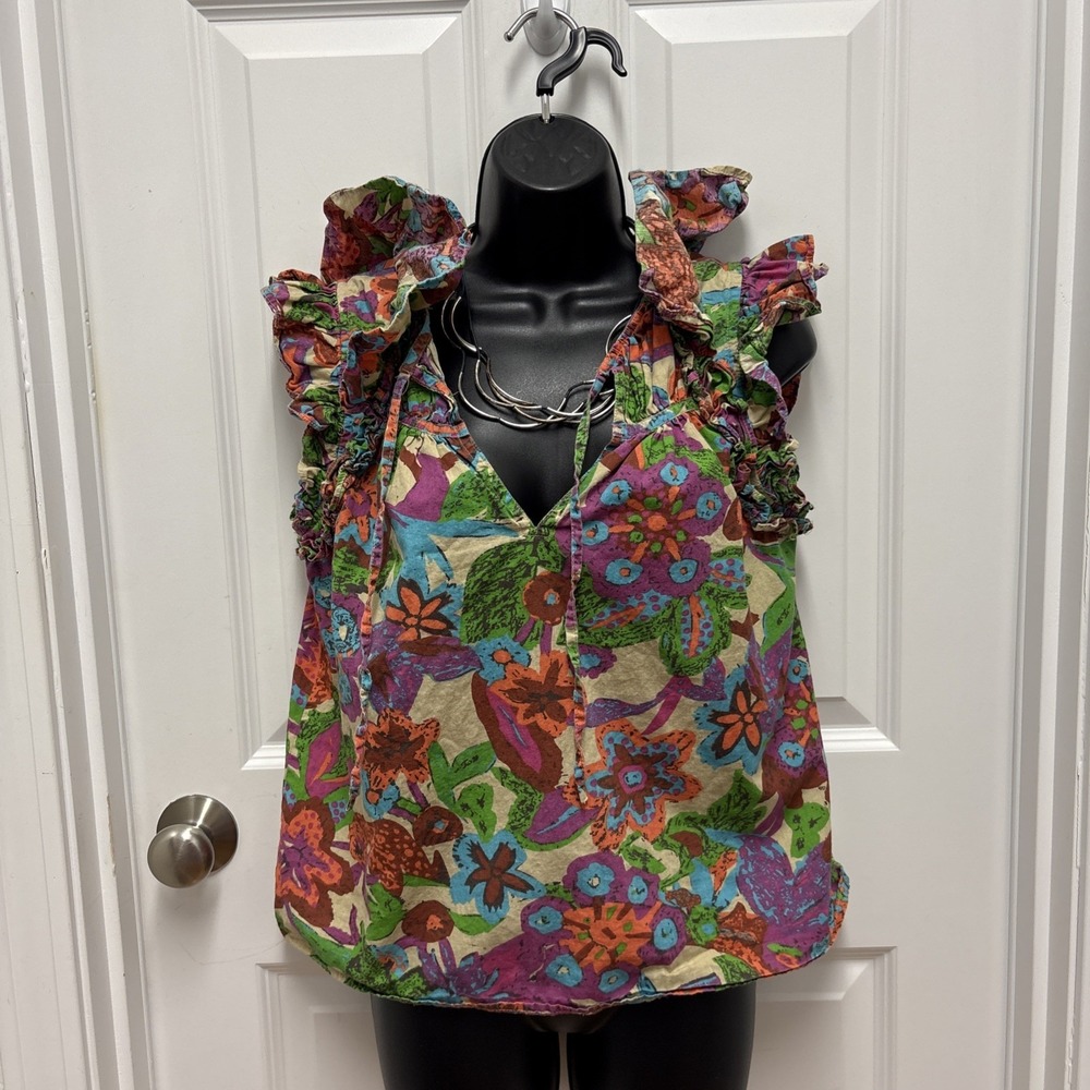 Jennifer & Grace‎ Cotton Flutter Sleeve Ruffled V-Neck Floral Top - Size Small
